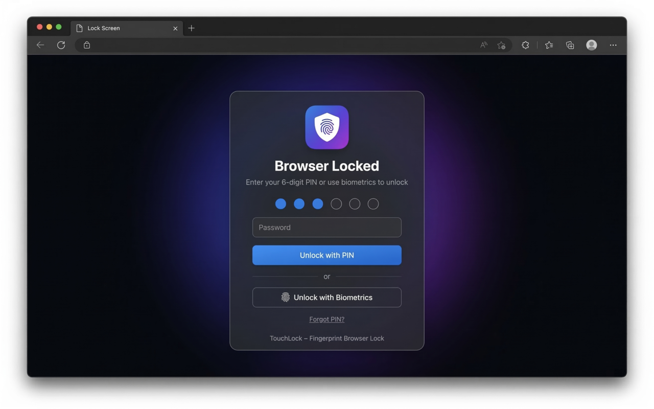 TouchLock lock screen showing PIN entry keypad and biometric unlock button