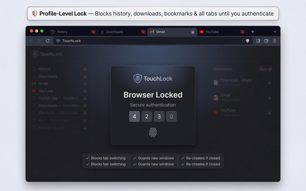 TouchLock profile-level lock blocking access to browser history, downloads, and all tabs