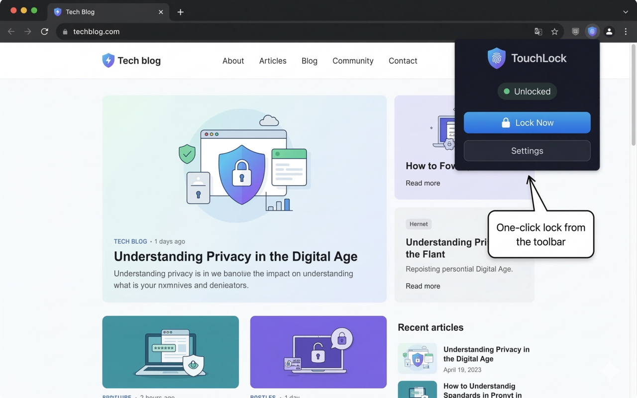 TouchLock toolbar popup for one-click browser locking from the extension icon