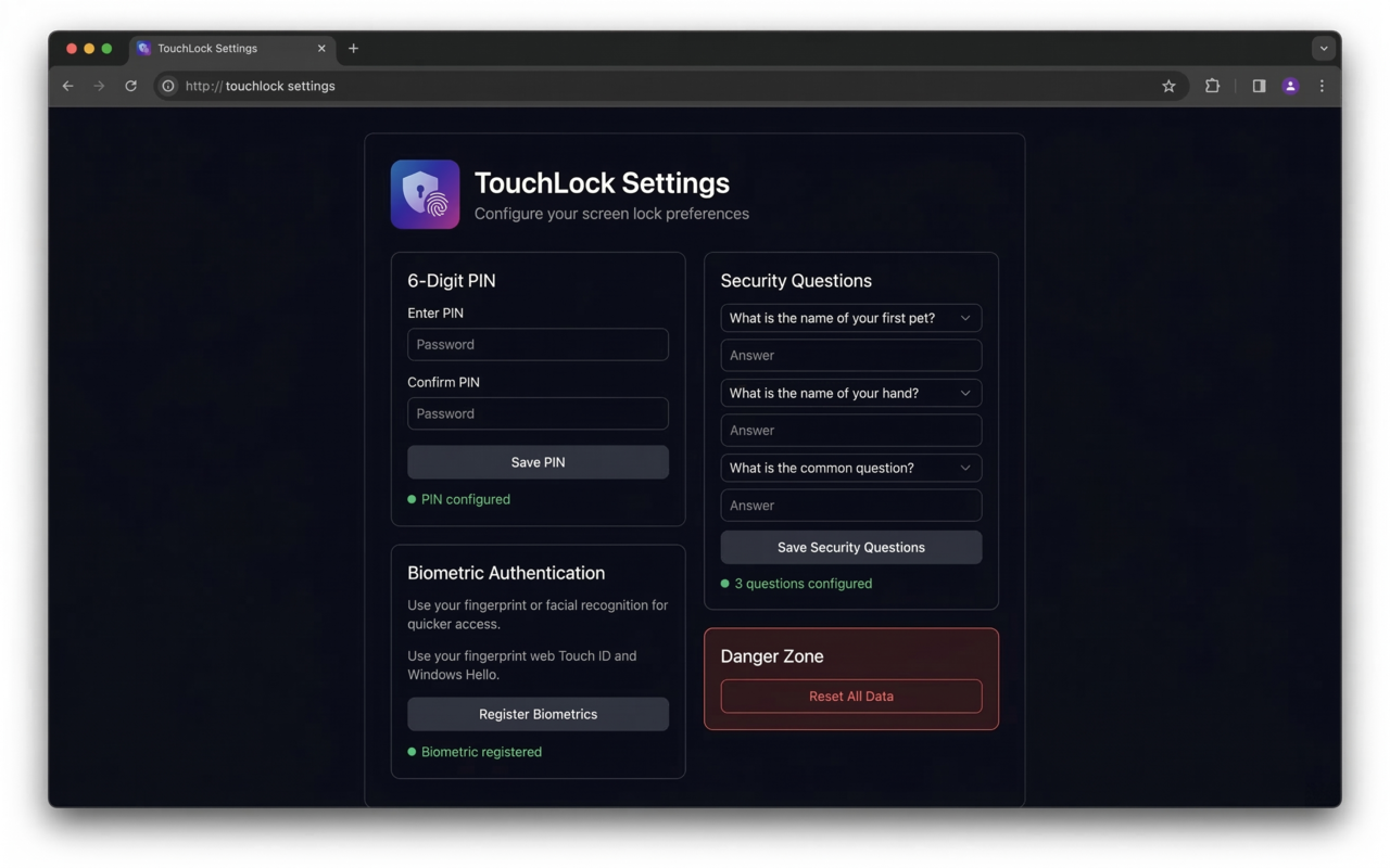 TouchLock settings page for configuring PIN, security questions, and biometric authentication